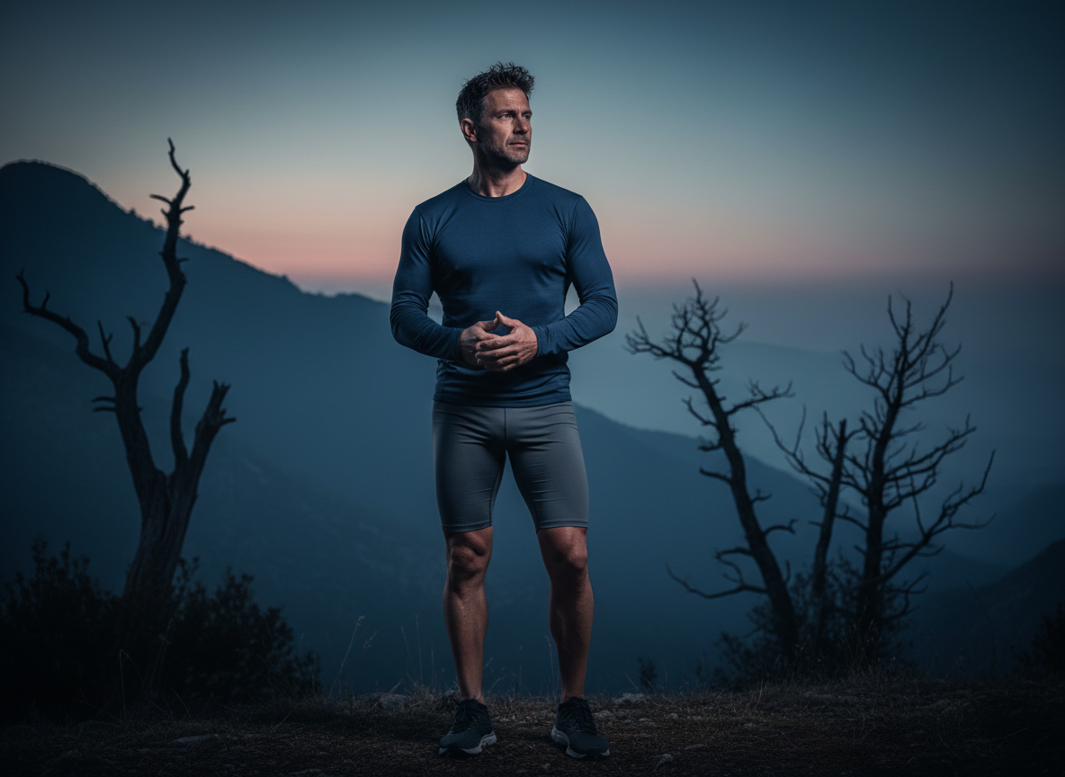 Athletic man outdoors at dawn, focused and health-conscious